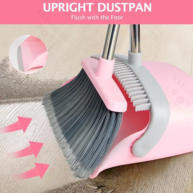 Broom and Dustpan Combo Set,51" Long Handle,Gray Pink | Heavy Dust, Dustpans with Broom Combo for Home, Kitchen, Office, Classroom,Apartment, Pet Hair