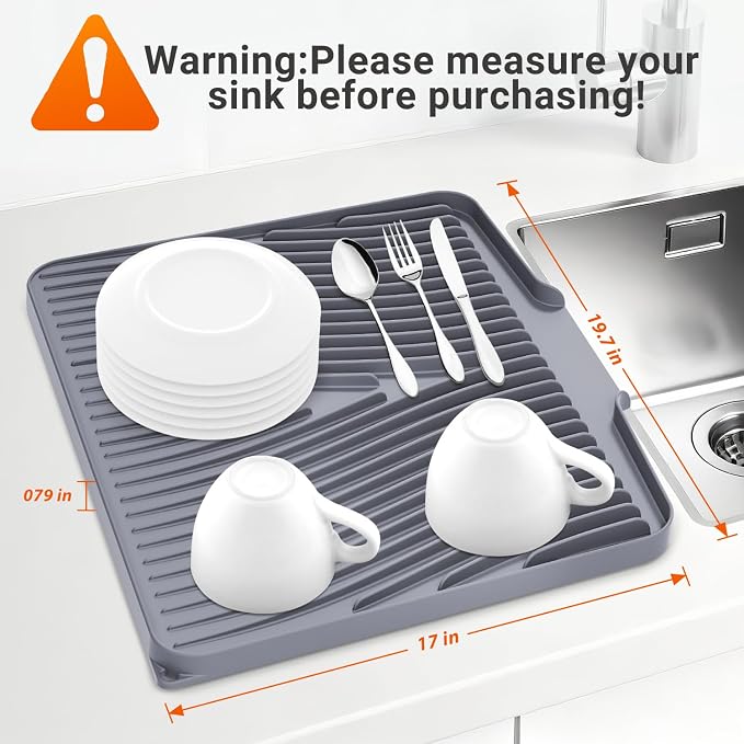Silicone Dish Drying Mat for Kitchen counter, 19.7"x17" Extra Large Non-Slip Drain Pad with Built-in Drainage, Heat Resistant Dishwasher Safe, Grey