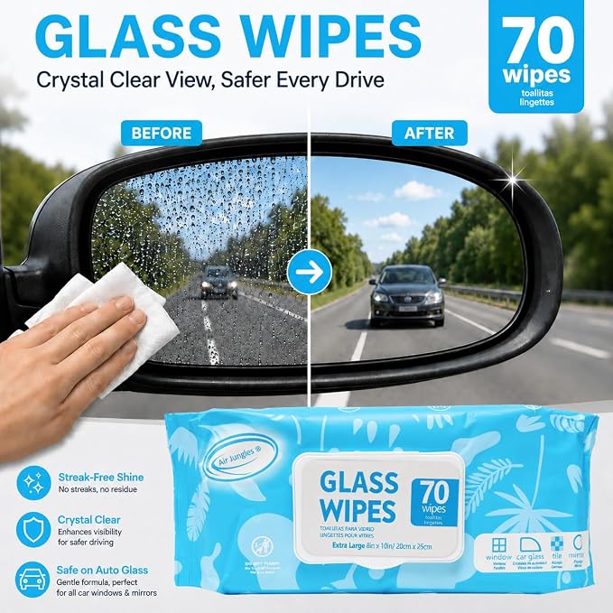 Air Jungles Glass & Window Cleaner Wipes 70 Count, XL 8x10 Inch | Ammonia-Free, Streak-Free, Safe For Car Windshield, Headlight, Mirror, Tile & Home Glass, Removes Fingerprints, Dust, Dirt