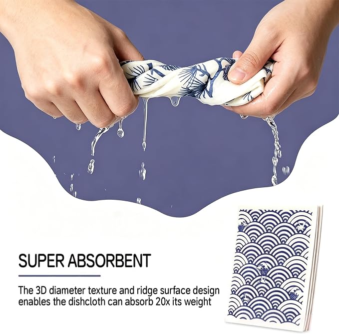 4 PCS Swedish Dishcloths, Japanese Pattern Reusable Kitchen Dish Cloths, Super Absorbent Cellulose Sponge Cloths, Odor Resistant, Dishwasher Safe & Multi-Purpose Cleaning Cloths
