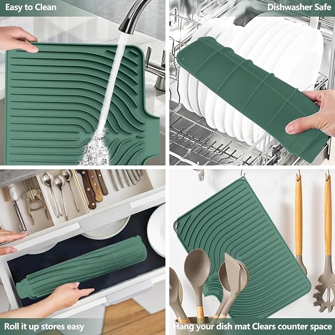 Dish Drying Mat for Kitchen Counter, with Built-in Drain Lip, Food-Grade Silicone, Easy Clean Pad for Countertop Protection, Multi-Functional Use (18x11.8, Dark Green)
