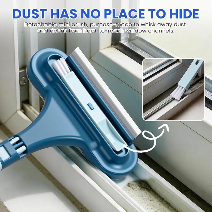3-in-1 Screen Brush, Squeegee, Pet Hair & Crevice Tool, Cyan Blue | Wipes glass streak-free. Lifts hair from sofas & rugs, rinse & reuse, no refills. Detach for window tracks. Lightweight.