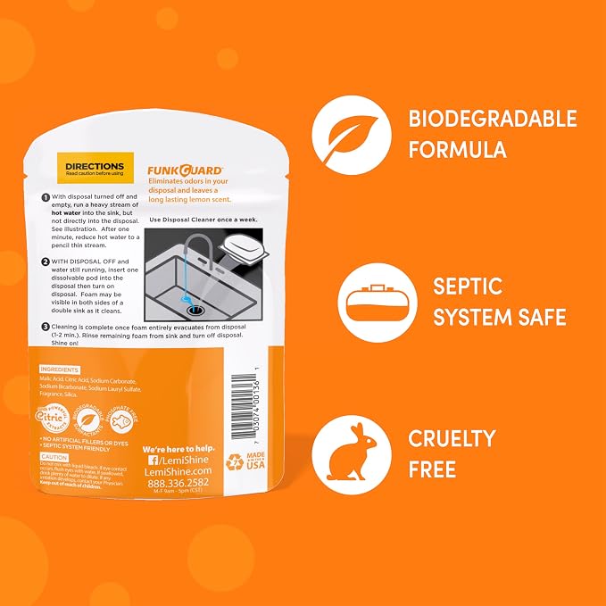 Lemi Shine Garbage Disposal Cleaner and Deodorizer - (2 Count) | Powered By Citric Acid - Foam Cleaner For Kitchen Garbage Disposal with a Natural, Fresh Lemon Scent
