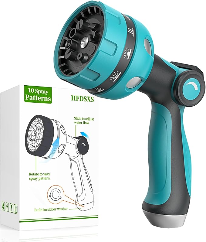 Garden Hose Nozzle, Heavy Duty Water Hose High Pressure Sprayer with 10 Watering Patterns, Thumb Control On Off Valve, for Watering outdoor Plants & Lawn, Car & Pet Washing（Blue）