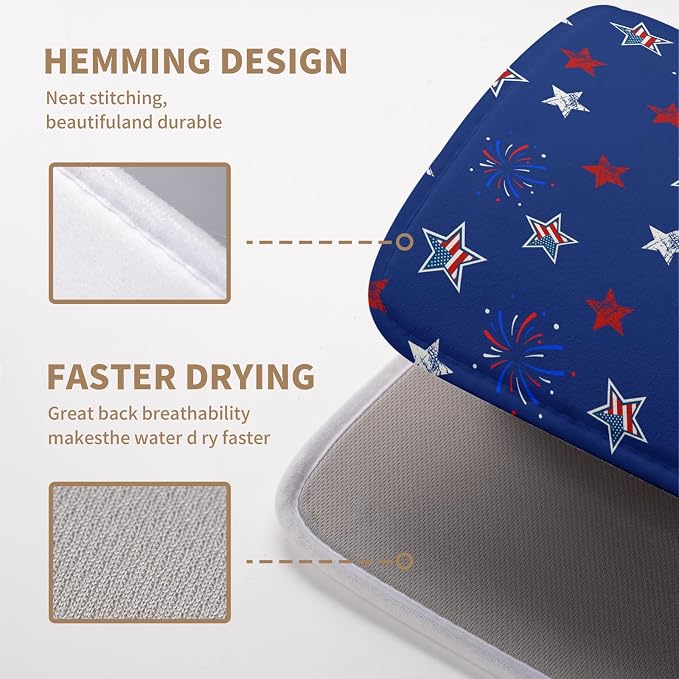 4th of July Dish Drying Mat America Stars Fireworks Blue Drying Mat 16x18 Inch Patriotic Memorial Independence Day Microfiber Absorbent Dish Drainer Rack Mats for Kitchen Counter