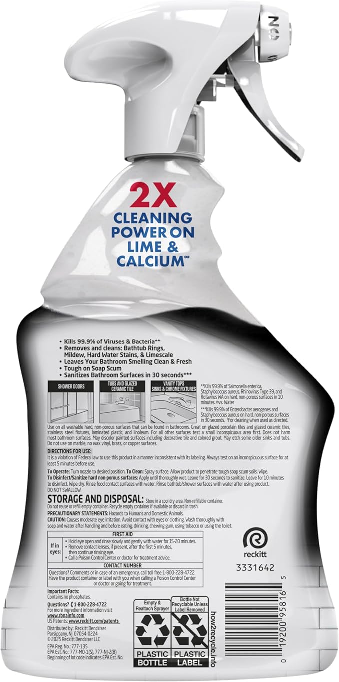 Lysol Power Limescale Remover Bathroom Cleaner Spray, Hard Water Stain Remover, Disinfecting Multipurpose Cleaner for Shower & Bathtub, Tough on Lime & Calcium, 0% Bleach, Atlantic Fresh Scent, 32oz