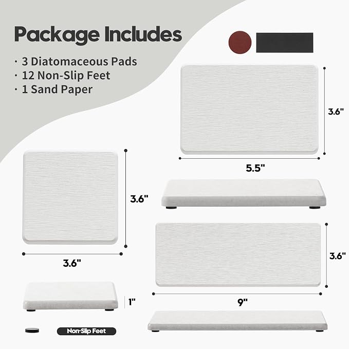 Razborci 3PCS Bathroom Sink Vanity Trays, Quick Stone Drying Mat Dish Soap Dispenser Sponge Holder for Kitchen Counter, Diatomaceous Earth Water Absorbing Caddy Organizer, Beige