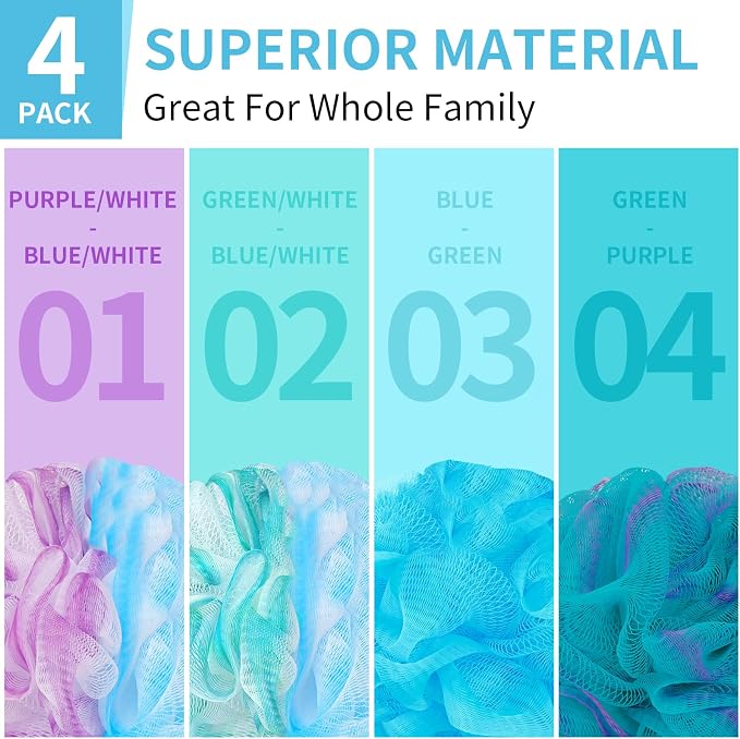 BCKENEY Bath Loofah Shower Sponge Body Back Scrubber Soft Mesh Shower Puffs Exfoliating Loofa for Women & Men Bath Accessories Cleaning Tool (4Pcs 75G, Extra Large)