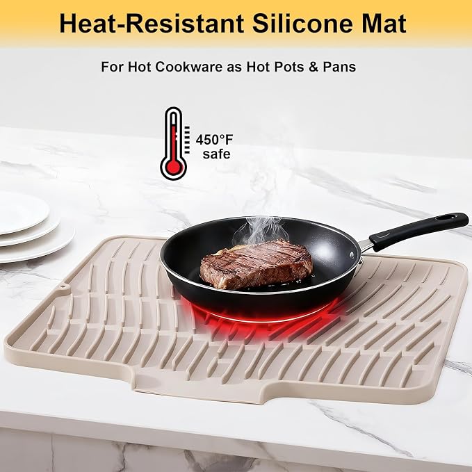 Silicone Dish Drying Mat for Kitchen Counter,Non-Slip Dish Drying Pad with Drain Lip,Heat Resistant Sink drying Mat for Dishes,Large Rubber dish drain mat dish rack mat (Cream,15.8"x13")