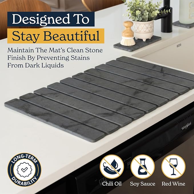 Oleex 3-Pack Stone Dish Drying Mat Set Includes 1 Large 24”x16” & 2 Small 4”x9” for Kitchen Counter-Collapsible Diatomaceous Earth Pad Absorbs Water & Dries Dishes Fast, Non-slip, Odor-Resistant Mats