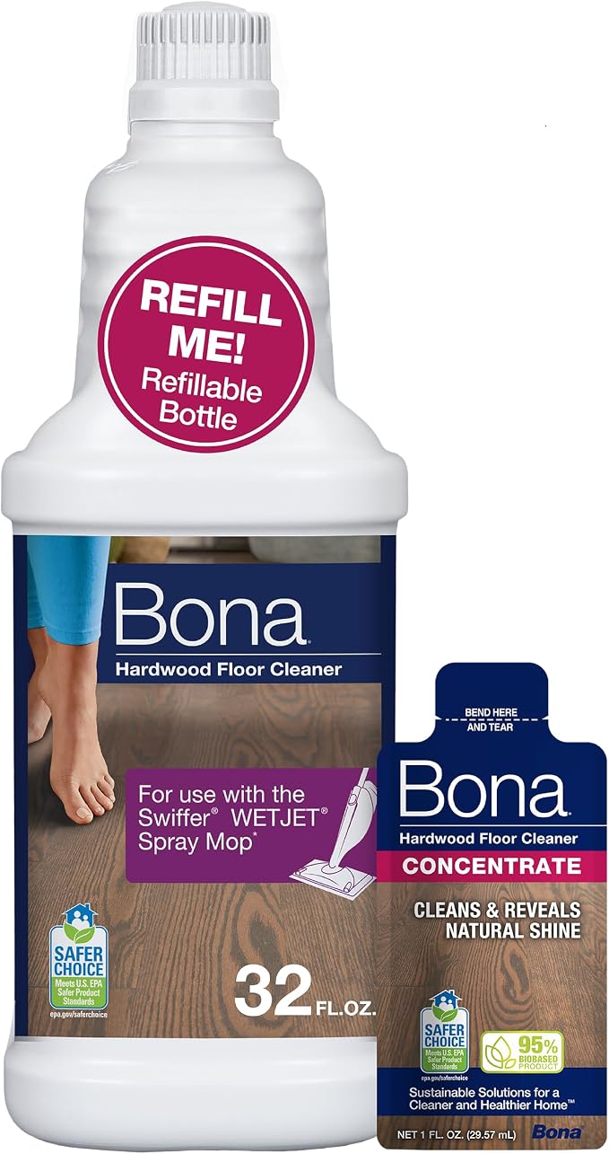 Bona Hardwood Floor Cleaner Bottle for use with Swiffer WETJET Spray Mop, makes 64 Fl Oz - Includes Filled Bottle + Concentrate Refill for Wood Floor Cleaning