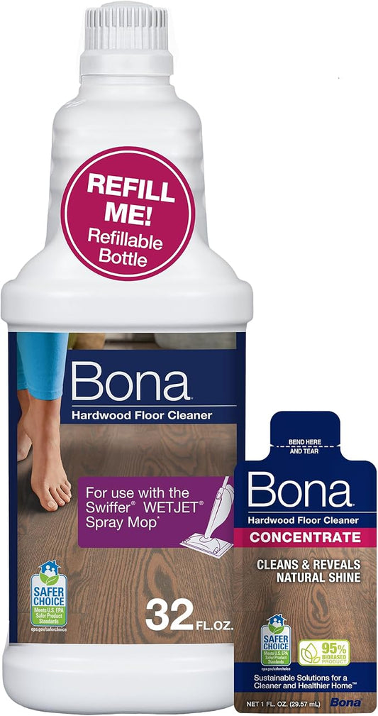 Bona Hardwood Floor Cleaner Bottle for use with Swiffer WETJET Spray Mop, makes 64 Fl Oz - Includes Filled Bottle + Concentrate Refill for Wood Floor Cleaning