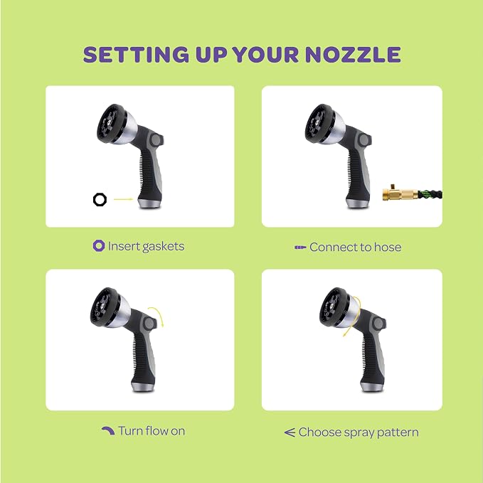 Hose Nozzle [Silver] Heavy Duty Hose Sprayer With 10 Adjustable Watering Patterns. Thumb Control Design, Comfortable Ergonomic Grip, Garden Hose Nozzle for Watering Plants & Lawns/Fun showers/Cleaning