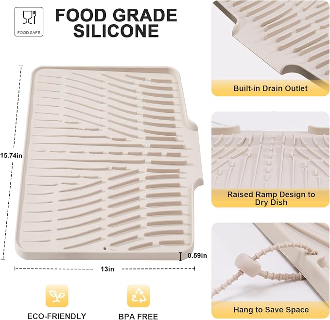 Silicone Dish Drying Mat for Kitchen Counter,Non-Slip Dish Drying Pad with Drain Lip,Heat Resistant Sink drying Mat for Dishes,Large Rubber dish drain mat dish rack mat (Cream,15.8"x13")