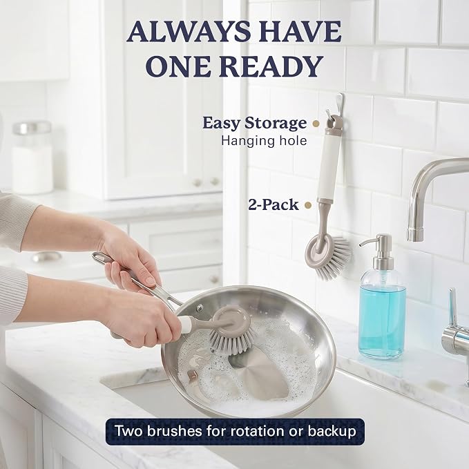 Farberware Dish Brush with Handle, 2 Pack, Firm Bristles | Kitchen scrub brush and dish scrubber removes grease, reaches pot and pan edges, 9in, round head, soft-grip design