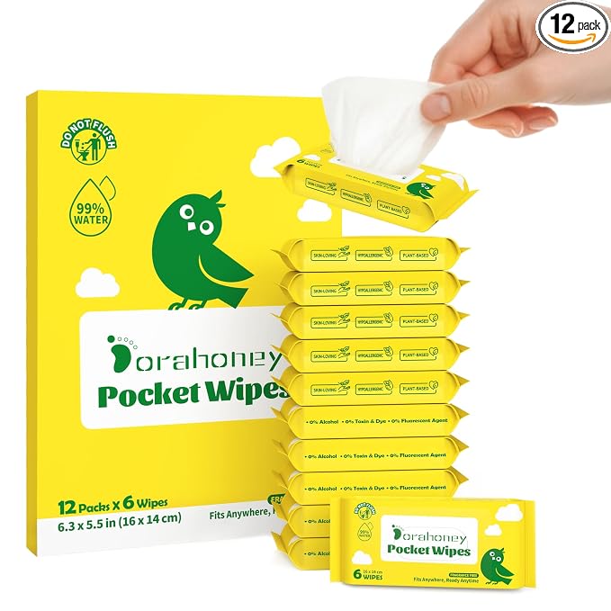 Unscented Travel Wet Wipes, 99% Purified Water Mini Wipes for Sensitive Skin, Hypoallergenic & Plastic-Free Pocket Wipes, 72 Count (12 Packs of 6)