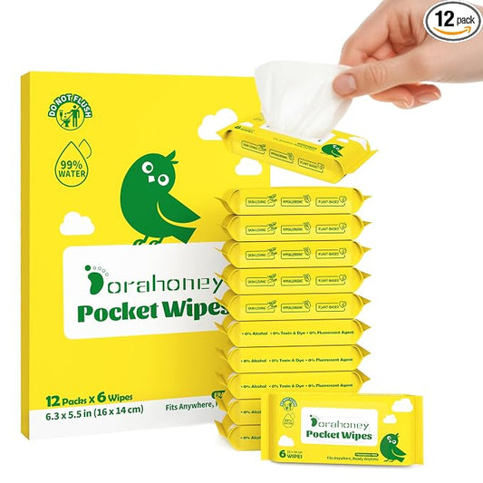 Unscented Travel Wet Wipes, 99% Purified Water Mini Wipes for Sensitive Skin, Hypoallergenic & Plastic-Free Pocket Wipes, 72 Count (12 Packs of 6)