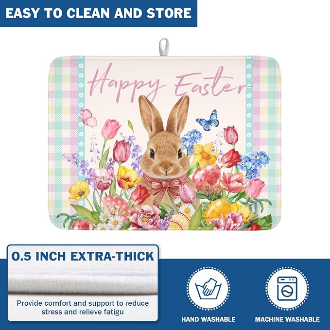 Easter Bunny Dish Drying Mat for Kitchen Counter Happy Easter Rabbit Floral Colorful Buffalo Plaid Microfiber Dish Drainer Mat Absorbent Washable Drying Pad Extra Large 18"x24"