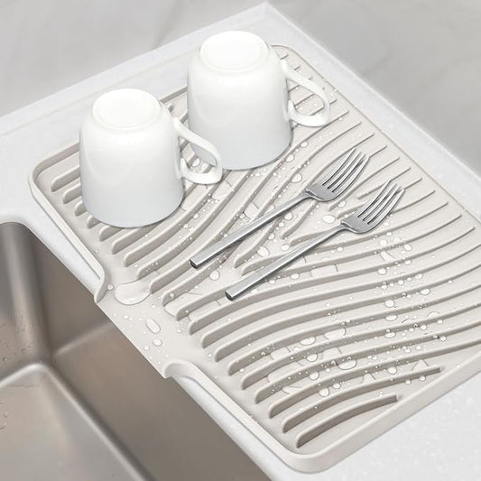 TIKNIK Silicone Dish Drying Mat for Kitchen Counter - Heat Resistant & Non-Slip Dish Drain Pad with Built-In Drain, Dishwasher Safe, Quick-Dry, Hangable & Roll-Up for Storage, Cream-1pcs, 20" x 15"