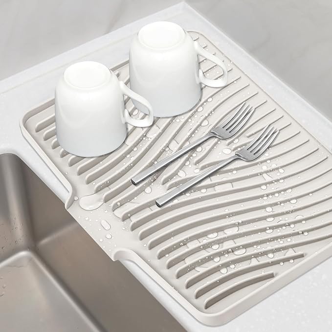 TIKNIK Silicone Dish Drying Mat for Kitchen Counter, Dish Drying Pad, Non-Slip Drain Pad with Built-in Drain, Heat Resistant Stone Drying Mat(16" x 12", Cream)