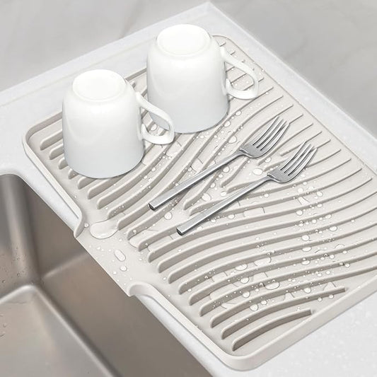TIKNIK Silicone Dish Drying Mat for Kitchen Counter, Dish Drying Pad, Non-Slip Drain Pad with Built-in Drain, Heat Resistant Stone Drying Mat(16" x 12", Cream)