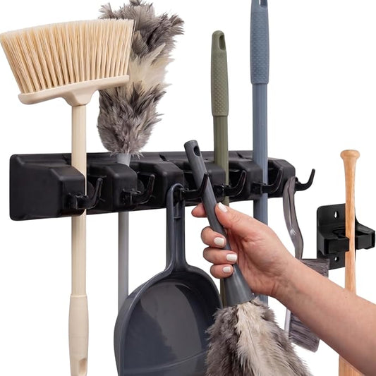 Combo 5 Slot Broom Holder w/ 1 Self Adhesive Mop Gripper No-Drilling, Wall Mount Tool Organizers For Kitchen, Garage, Laundry Room- Anti-Slip Hanger For Brooms, Mops, Rakes, Dustpans (Black / Black)