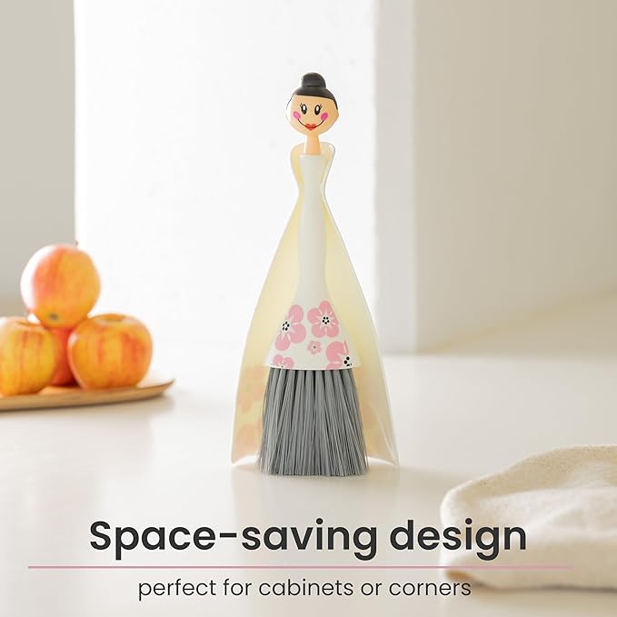 Vigar Mini Broom and Dustpan Set - Small Broom and Dustpan, Hand Broom for Desk, Kitchen, Car, Crumb Brush for Dust & Pet Hair, Decorative Doll Design, Portable Dust Pan Brush for Indoor - White