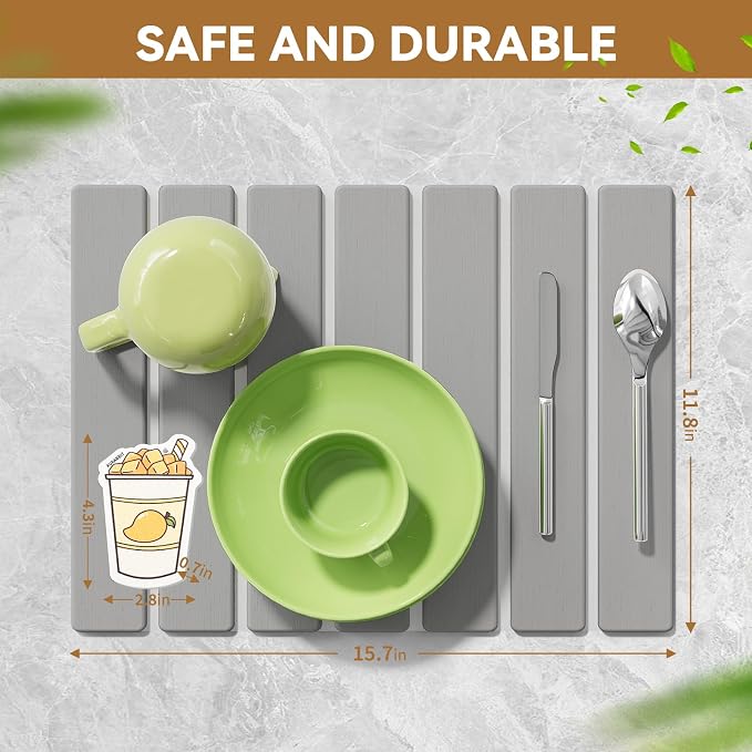 Stone Dish Drying Mat for Kitchen Counter,15.5''x11.8'' Foldable Quick Dry Stone Kitchen Mat,Eco-Friendly,Absorbent Diatomaceous Earth Mats for Dishes Bottles Cups Bathroom Any Countertop-Light Gray