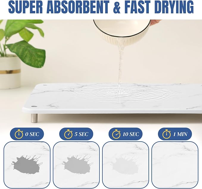 Stone Drying Mat for Kitchen Counter with Non-Slip Stainless Steel Feet, Quick Drying Diatomaceous Dish Racks for Dishes, Bottles and More, 15.7"(L)×11.8"(W), Pearl Marble