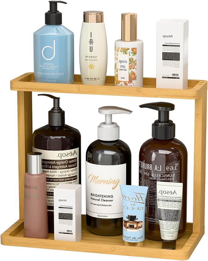 PEKER Bamboo Bathroom Organizer Countertop – Small Vanity Storage Shelf for Makeup, Perfume, Skincare – Natural Cosmetics Display Rack for Dresser, Sink, Kitchen – Natural