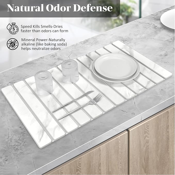 Large Stone Dish Drying Mat for Kitchen Counter, Quick Dry Dish Drying Mats, Foldable Absorbent Diatomaceous Earth Mats for Dishes Bottles Cup, Match Any Countertop (White Marble 28"×16" & 8"x4")