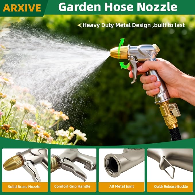 ARXIVE Heavy Duty Garden Hose Nozzle, High Pressure Handheld Sprayer | 4 Adjustable Patterns for Lawn, Garden, Car, Pet & Window Cleaning. Leak-Proof 100% Metal Body, Rustproof
