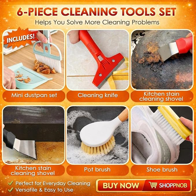 Broom and Dustpan Set with Long Handle and 6 Bonus Cleaning Tools, Upright Standing Combo with Self-Cleaning Teeth & Windproof Dustpan for Pet Hair, Home, Kitchen, Garage, Apartment