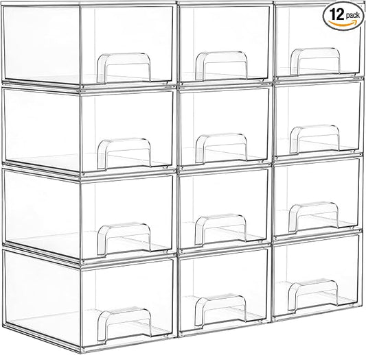 Vtopmart 12 Pack Small Clear Stackable Storage Drawers, Acrylic Bathroom Makeup Organizer, Plastic Storage Bins For Vanity, Undersink, Kitchen Cabinets, Pantry, Home Organization