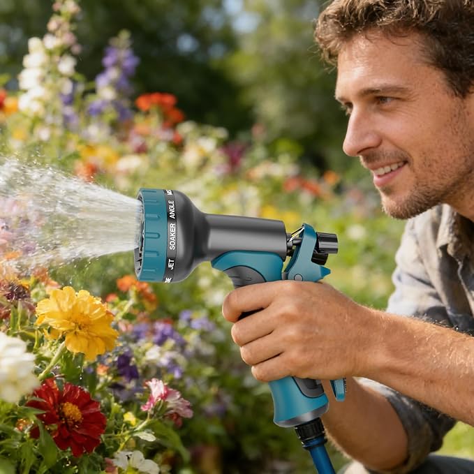 Besiter Garden Water Hose Nozzle, Water Spray Nozzle with 10 Spray Modes Suitable for Watering Plants, Iawns and Gardens, Car Washing, Cleaning, Showering Pets and Outdoor Fun, Blue