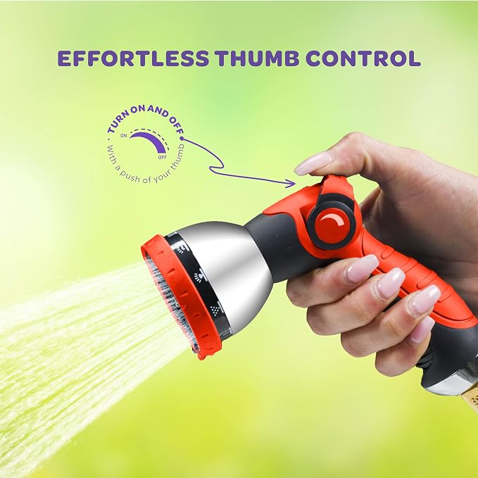 Hose Nozzle [Red] Heavy Duty Hose Sprayer With 10 Adjustable Watering Patterns. Thumb Control Design, Comfortable Ergonomic Grip, Garden Hose Nozzle for Watering Plants & Lawns/Fun showers/Cleaning