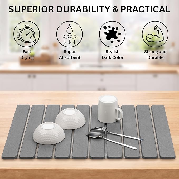 Stone Drying Mat for Kitchen Counter, 24"x16" Large Dark Gray Foldable Diatomaceous Earth Mat, Quick-Dry Super Absorbent Stone Dish Drying Mat for Dishes Bottles Cups