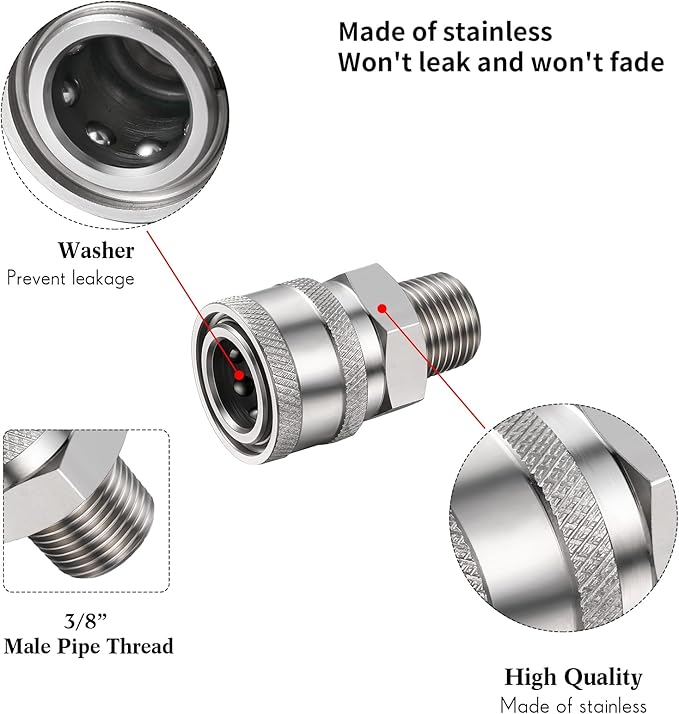 4 Sets NPT 1/4 Inch Pressure Washer Coupler Quick Connect Plug Male Female 1/4 Quick Connect Fittings Pressure Washer Adapters Accessories(External Thread)