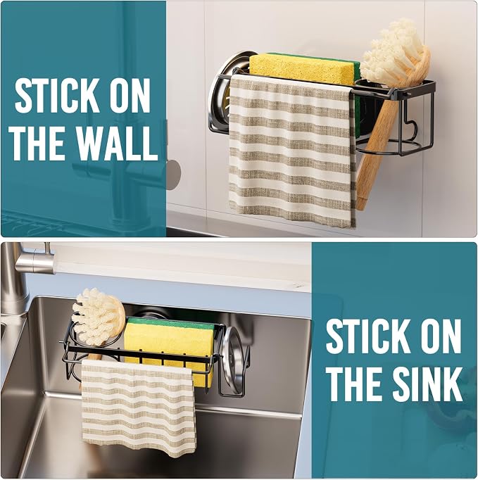 TAILI 4-in-1 Sponge Holder for Kitchen Sink with Strong Suction Cup Removable, Rustproof Stainless Steel Sink Caddy for Sponge, Brush, Scrubber, Scraper -Black
