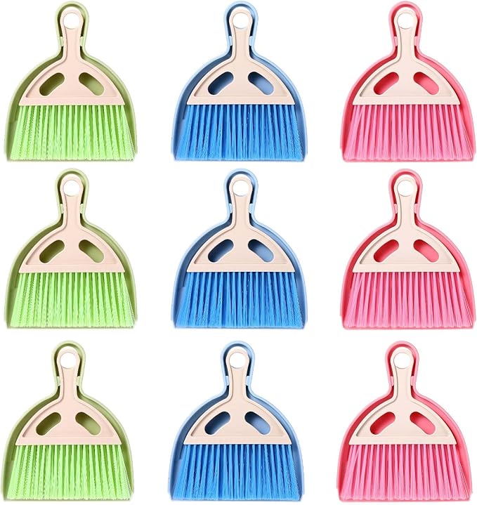 9 Pack Mini Dust Pan and Brush Set, Small Hand Broom and Dustpan Set with Handle - 3 Colors Plastic Cleaning Tools for Desk, Table, Keyboard, Car, Pet Food Crumbs