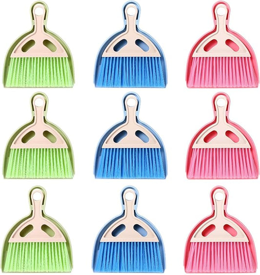 9 Pack Mini Dust Pan and Brush Set, Small Hand Broom and Dustpan Set with Handle - 3 Colors Plastic Cleaning Tools for Desk, Table, Keyboard, Car, Pet Food Crumbs
