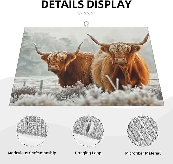 Highland Cow Dish Drying Mat For Kitchen Counter, Super Absorbent Microfiber Dish Drying Pad, Kitchen Gadgets For Easy Clean Multi-Use Large 18"x24"