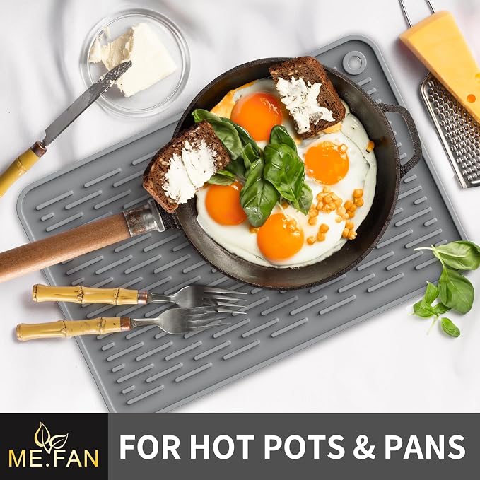 ME.FAN Silicone Dish Drying Mat for Kitchen Counter, Dish Drying Pad for Sink, Refrigerator or Drawer, Countertop Protection Pad L - 18''×16'' - Grey