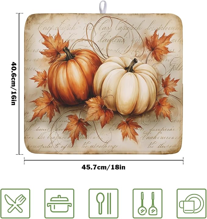 Fall Pumpkin Dish Drying Mat 16X18 Inch Vintage Autumn Drying Mat for Kitchen Counter Absorbent Maple Leaf Fall Thanksgiving Farmhouse Dishes Pad Drainer Mat Countertop Protector for Kitchen Fast Dry