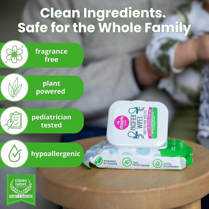 Dapple Baby Pacifier Wipes for Infants and Toddlers - (3 Pack) 40 Count - Fragrance-Free, Hypoallergenic & Food-Grade - Diaper Bag Essentials