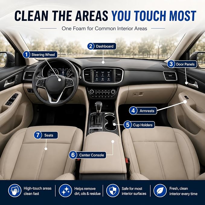 2026 Upgrade Car Interior Foam Cleaner, 150ML Multi-Enzyme No Rinse Car Seat Cleaner Spray for Leather, Dashboard, Vinyl, Plastic & Fabric, with Sponge & Microfiber Towel (1PCS)