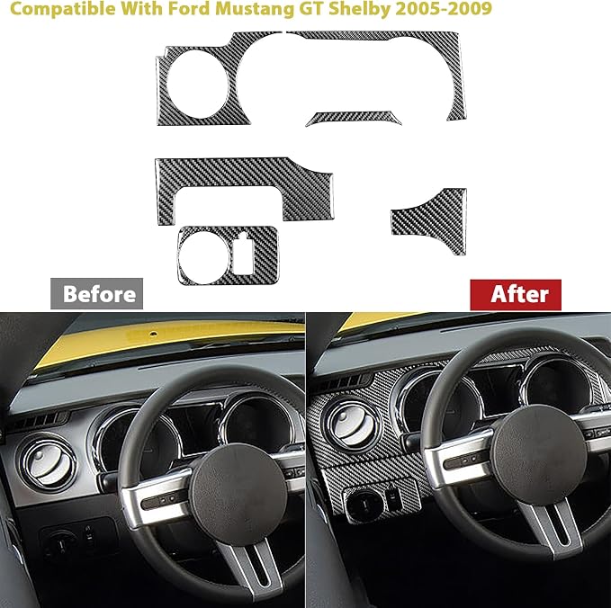 Real Carbon Fiber Trim for Ford Mustang GT Shelby Accessories | for 2005 2006 2007 2008 2009，Instrument Cluster Central Console Cover，Thick Overlay Sticker Decal，6PCs