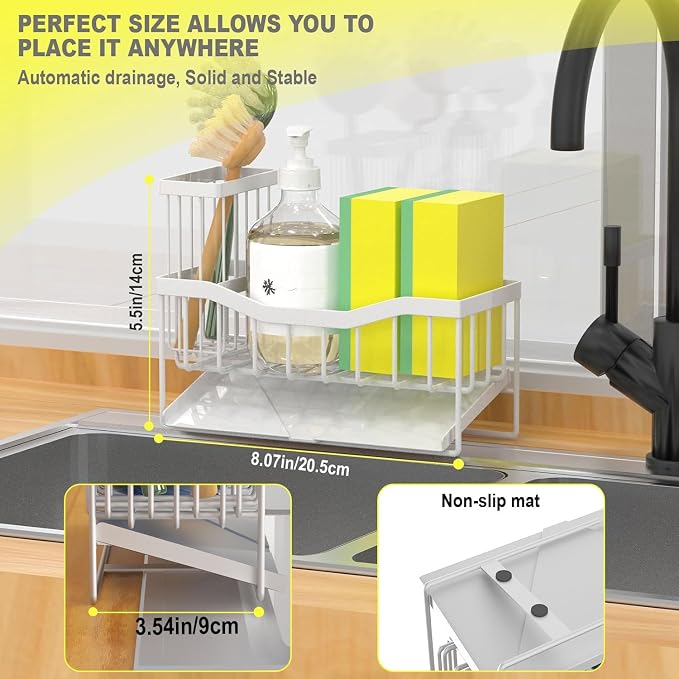 Fssvcd Maifan Sink Caddy Sponge Holder for Kitchen with Brush Holder and Stainless Steel Self Drain Tray, Rustproof Kitchen Sink Organizer for Sponge, Soap Dispenser Storage Accessories