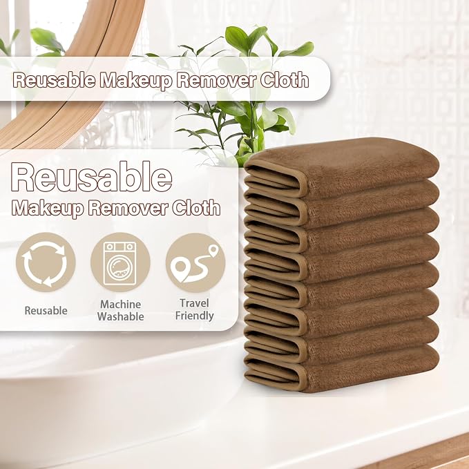 Nugilla Makeup Remover Cloths, 8 Packs Makeup Remover Towels Reusable Face Wash Cloth, Soft Microfiber Face Cloth for Women(Light Brown)