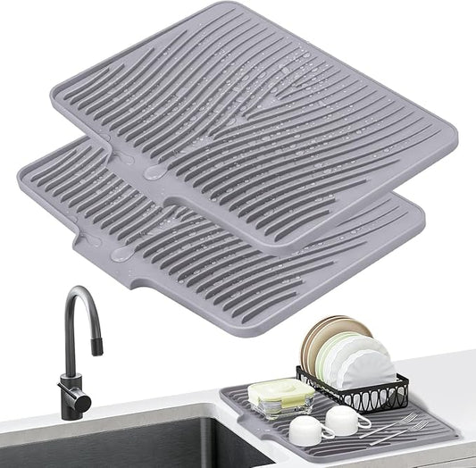 Silicone Dish Drying Mat for Kitchen Counter, 15.8"x13" 2Pcs Extra Large Non-Slip Drain Pad with Built-in Drainage, Heat Resistant Dishwasher Safe, Grey
